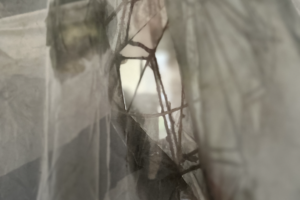 Close-up of a semi-transparent, textured material layered with intersecting threads and geometric shapes. Soft light filters through the fabric, creating shadows.